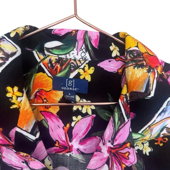 George Men’s Pink Tropical Floral Button Front Short Sleeve Hawaiian Style - Picture 6 of 7